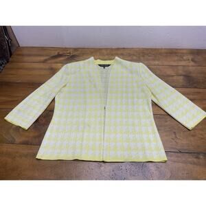 Ming Wang Womens Cardigan Houndstooth Neon Yellow Blazer 3/4 Sleeve Small